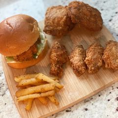 A picture of Crispy and Juicy Fried Chicken and Fried Chicken Burger.