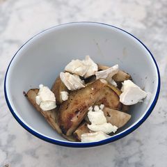 A picture of BBQ pear with goats cheese.