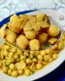 Potaje de garbanzos con carne kebab de pollo