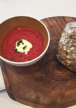 A picture of Oven roasted root vegetable soup.