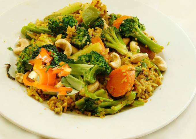 Step-by-Step Guide to Make Quick Multi colored Pulav with broccoli, red and orange bell peppers, and carrots