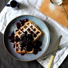 A picture of Vegan Waffles with Warm Blueberry and Maple Syrup Compote.