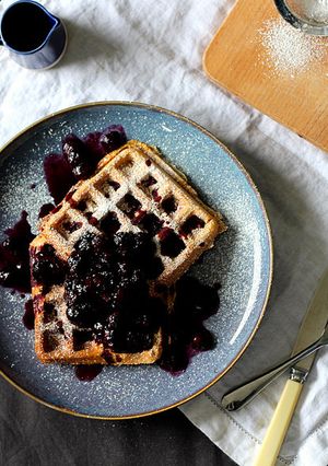 A picture of Vegan Waffles with Warm Blueberry and Maple Syrup Compote.