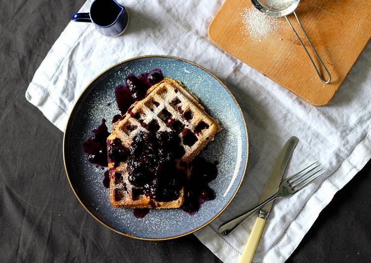 Recipe of Perfect Vegan waffles with warm blueberry and maple syrup compote