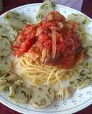 Bistec de carne viuda y pasta espagueti