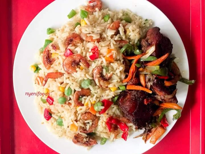 Easy Way Prepare Recipe Coconut rice garnished with shrimps and vegetables that is  Makes Drooling, Addictive}