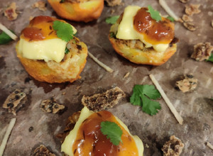 A picture of Jacket potatoes with amritsari vadi filling and aam papad chutne.