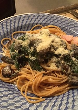 A picture of Spaghetti with mushrooms and spinach #mycookbook.