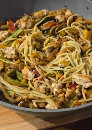 A picture of Chicken, Vegetable, and Spaghetti Stir-Fry.