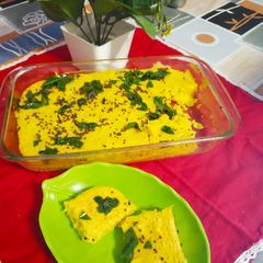 Sooji Besan Dhokla in Microwave A picture of Sooji Besan Dhokla in Microwave.