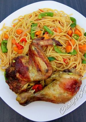 A picture of Spaghetti and veg stir fry.