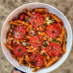 A picture of Pizza pasta bake.