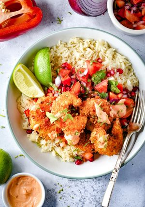 A picture of Crispy Spiced Coconut Prawns With A Zesty Salsa.