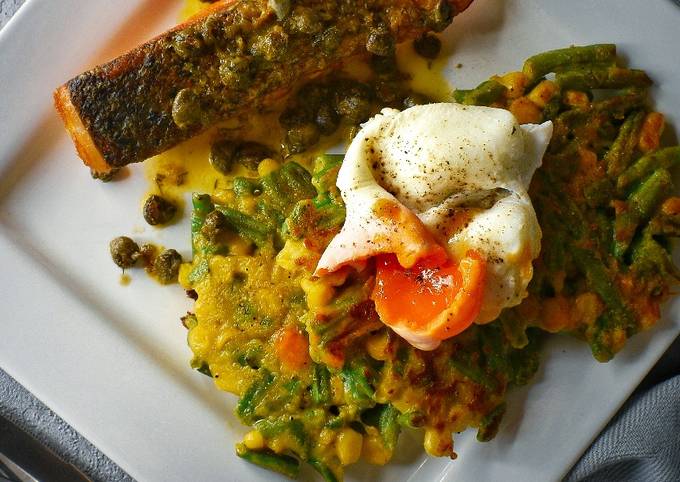 Salmon, Veggie Fritters & Poached Egg With A Dill Butter Sauce