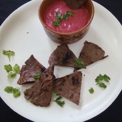 Beetroot dip with ragi nachos A picture of Beetroot dip with ragi nachos.
