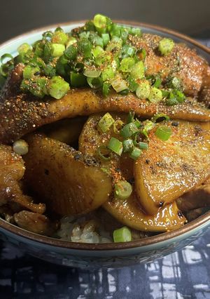 A picture of Pork Belly and Daikon Unadon (Eel Rice Bowl Hybrid).