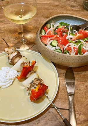 A picture of Greek-Style Skewers (Souvlaki) & Tzatziki.