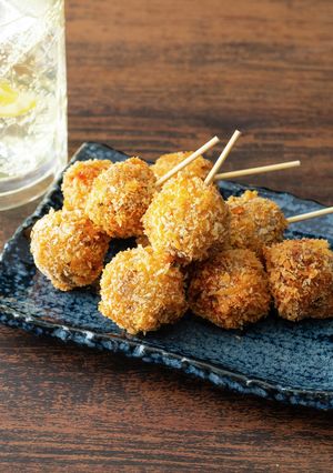 A picture of Fried Meatball Skewers.