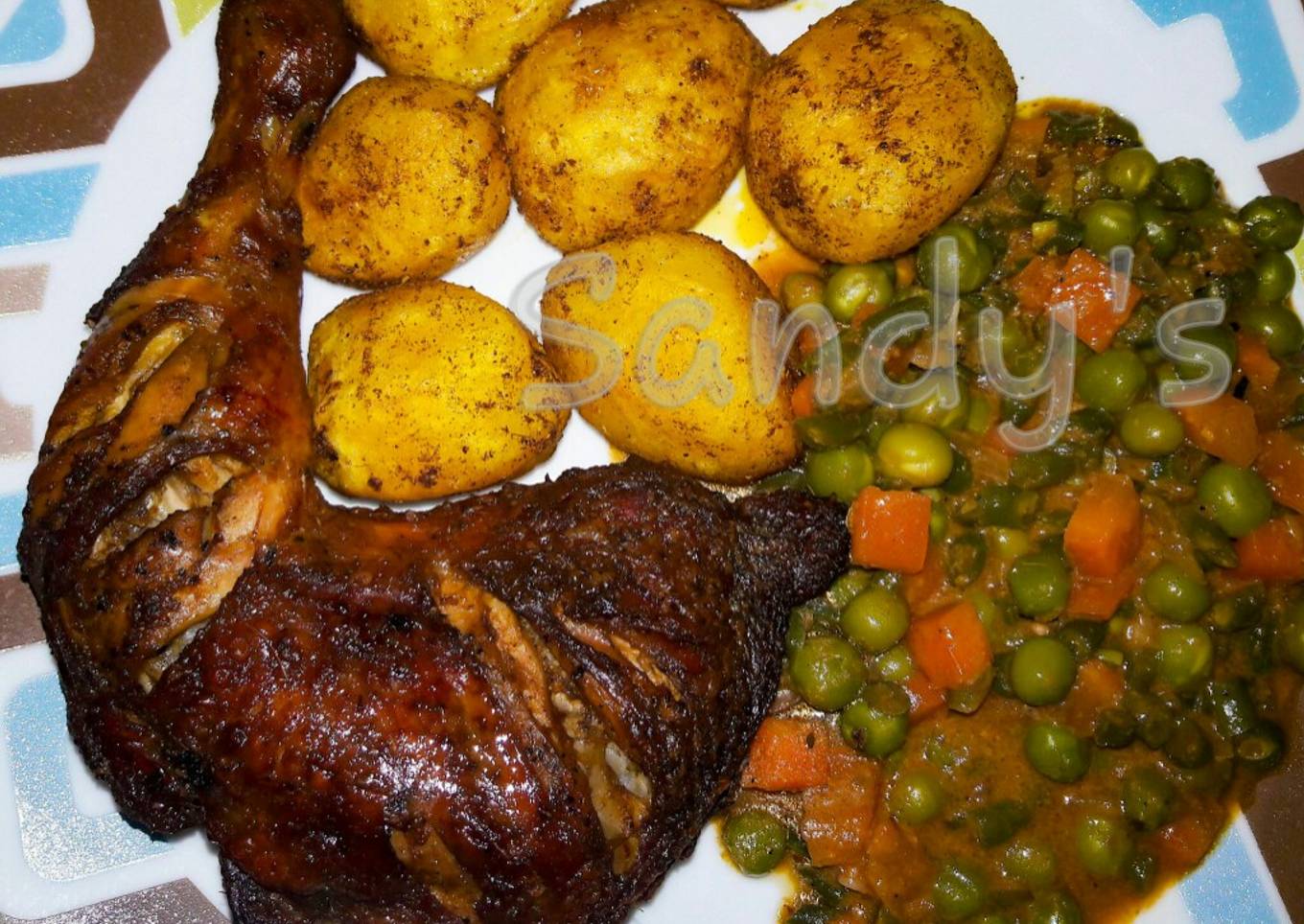 Baked chicken,creamy veggies & Bombay potatoes