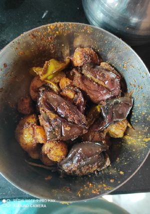 A picture of Bharva brinjal and Bharva aloo.