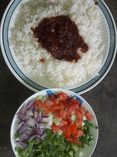 A picture of White rice with stew and salad.