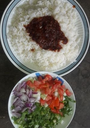 A picture of White rice with stew and salad.