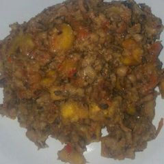 A picture of Fried beans with shrimps and plantain.