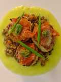 Pan seared jumbo scallops with brown mushrooms and asparagus purée