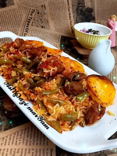 عکسی از دستور لوبیا پلو با گوشت(پوره گوجه و روغن دنبه)