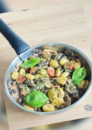 A picture of Gnocchi with Chorizo and Mushroom Sauce.