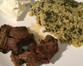 Update, Prepare Recipe Pork with spinach rice  greek feta Restaurant Style