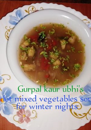 A picture of Hot mixed vegetables soup for winter nights ❄️🍆🍅🧅.