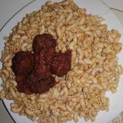 Stir and fry macaroni with meat beat balls A picture of Stir and fry macaroni with meat beat balls.