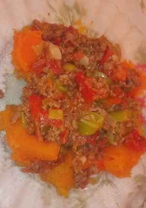 Una foto de Zapallo en trocitos con salsa bolognesa