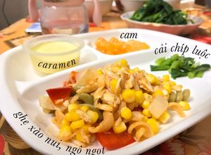 Hình của món Thịt ghẹ xào nui cho bé ăn dặm.