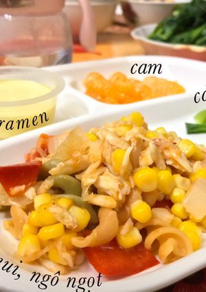 Hình của món Thịt ghẹ xào nui cho bé ăn dặm.