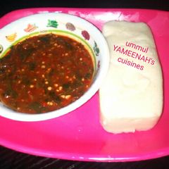 Tuwon masara da miyar okro and owedu A picture of Tuwon masara da miyar okro and owedu.