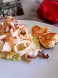 Crema di cavolfiore con calamari ripassati in padella con crostini a ❤️