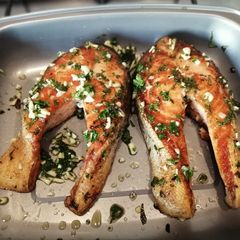 Lemon and Garlic Salmon Steaks A picture of Lemon and Garlic Salmon Steaks.