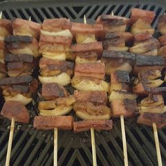 A picture of Spam Pineapple Onion Kabobs.
