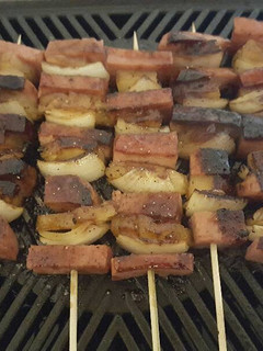 A picture of Spam Pineapple Onion Kabobs.