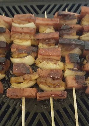 A picture of Spam Pineapple Onion Kabobs.