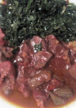 A picture of Sukuma wiki with stewed kidney.
