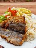 Almuerzo de pescado merluza frito