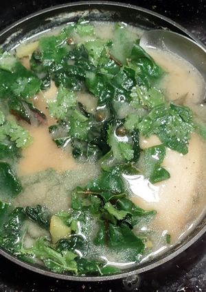 A picture of Chinese greens with sole soup.