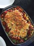 Baked meaty pasta with spinach,tomato and aubergine