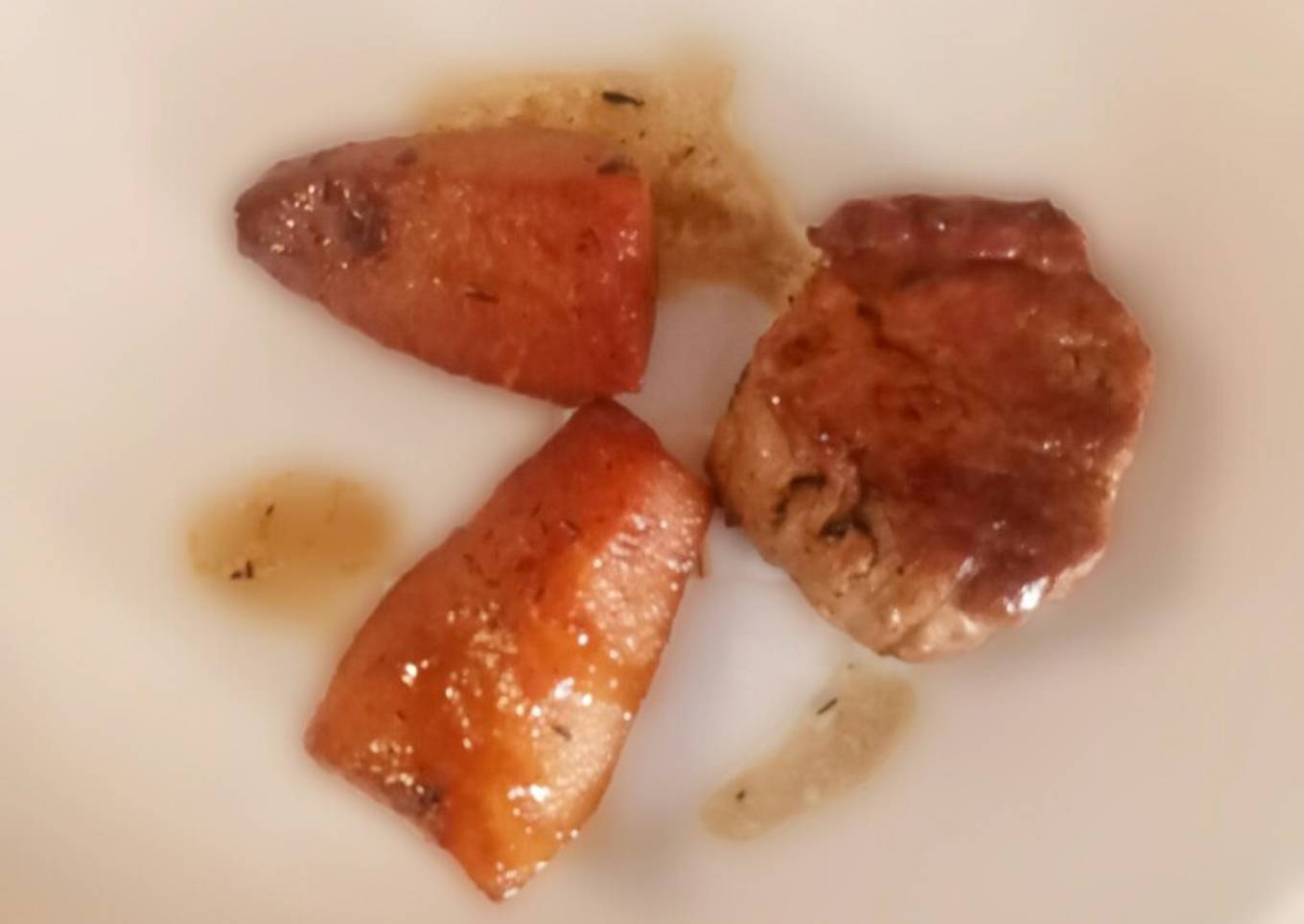 Loin of Pork with Caramelised Pears, Thyme and Brandy