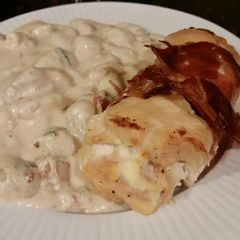 A picture of Brad's prosciutto wrapped chicken with cheddar bacon gnocchi.