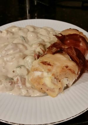 A picture of Brad's prosciutto wrapped chicken with cheddar bacon gnocchi.