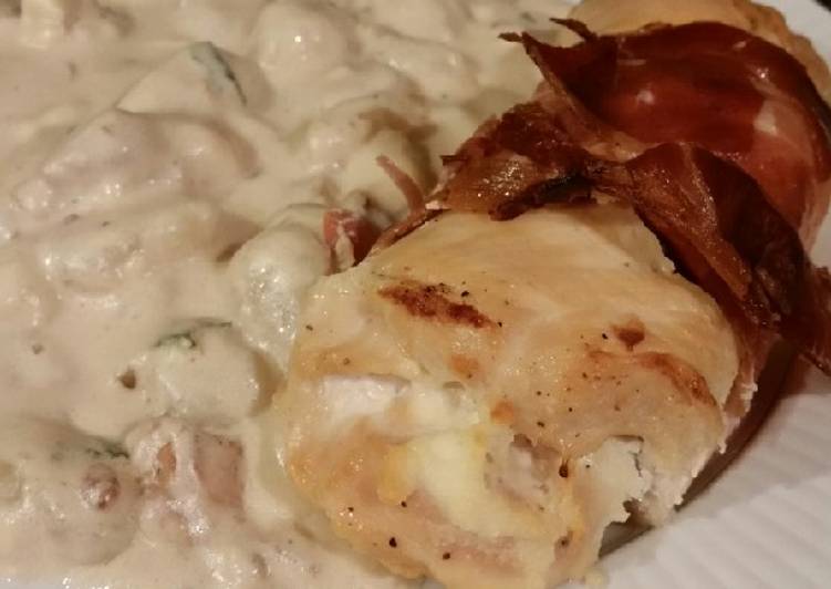 Brad's prosciutto wrapped chicken with cheddar bacon gnocchi Brad's prosciutto wrapped chicken with cheddar bacon gnocchi